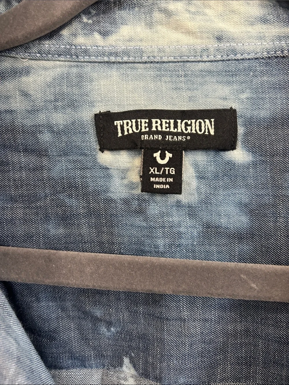 True religion, bleached, indigo western shirt, blue white size extra large